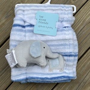 Tag Along Friends Blue Stripes Elephant Baby Boy Blanket& Plush Gray Toy Set New